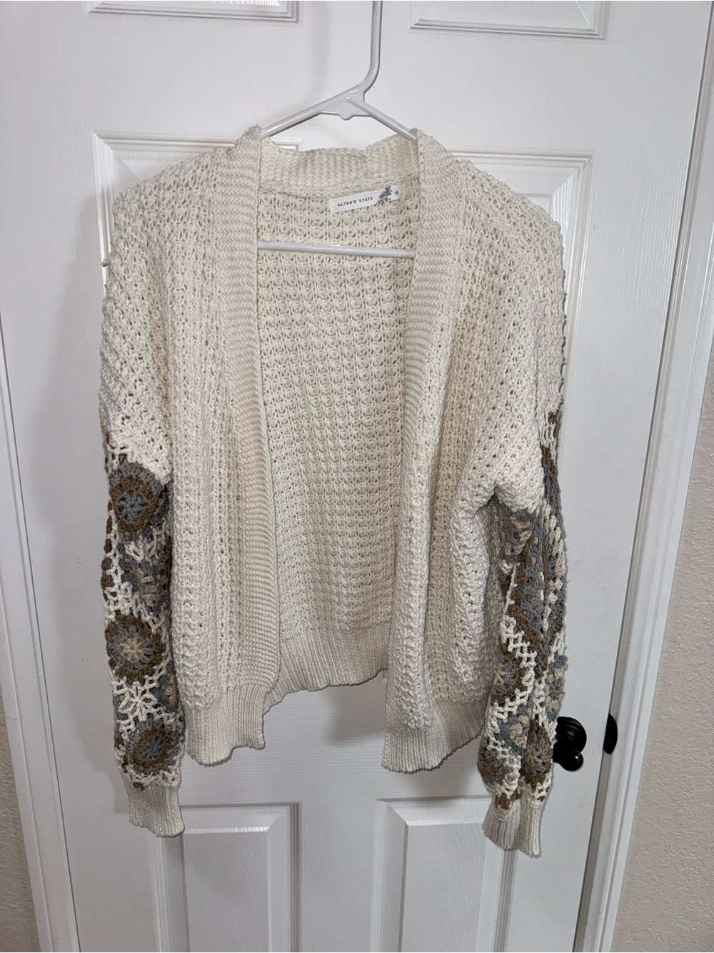 Altar'd State Cream Open-Knit Cardigan with Crochet Accent Sleeves
